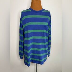 Liz Sport Blue and Green Striped 100% Cotton Sweatshirt Size Large